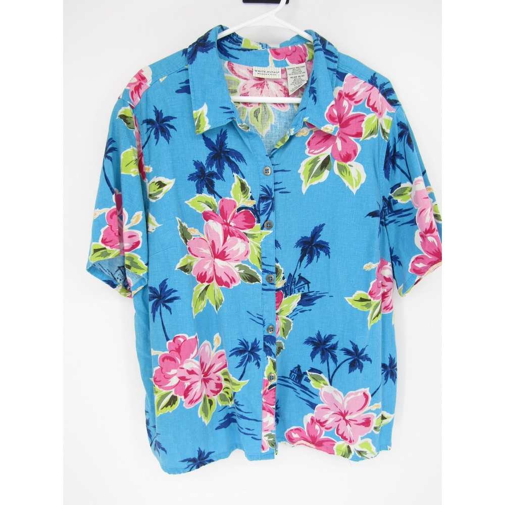 Vintage Hawaiian Shirt 18W/20W Blue Floral Linen Tropical Cruise Summer Beachy - Picture 2 of 9